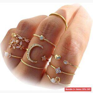Stackable Knuckle Rings Set Star Moon Boho Style Gold Tone Alloy